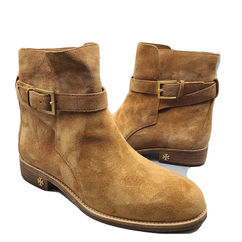 Tory Burch Ankle Boots Sz. 7.5 Women Tan Suede Buckles Brooke  Riding Bootie new
